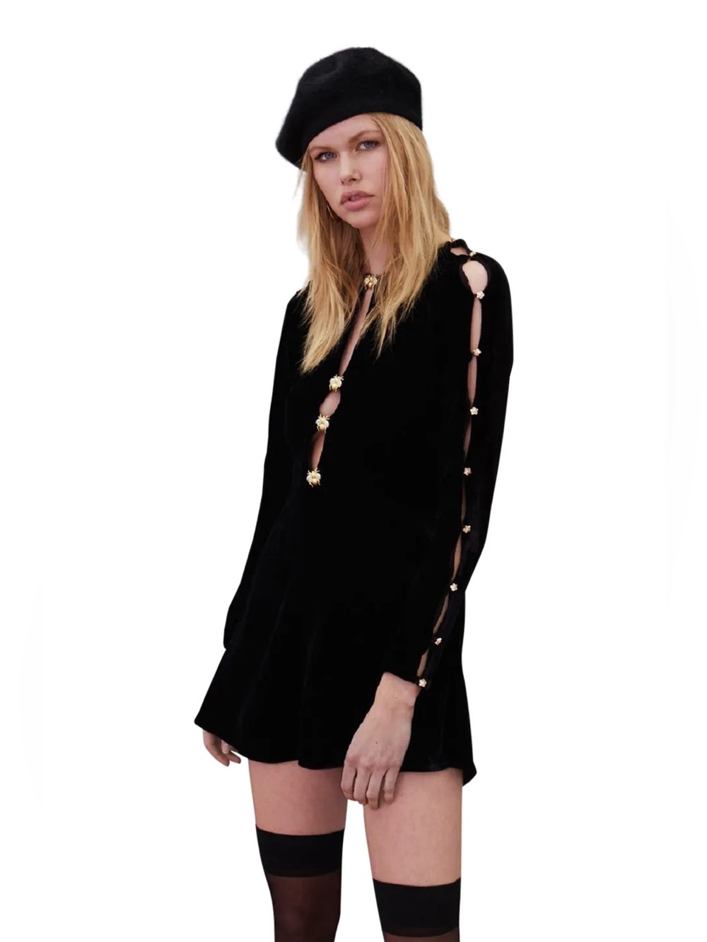 For Love & Lemons Beatrix Velvet Embellished cut out black Dress size Medium